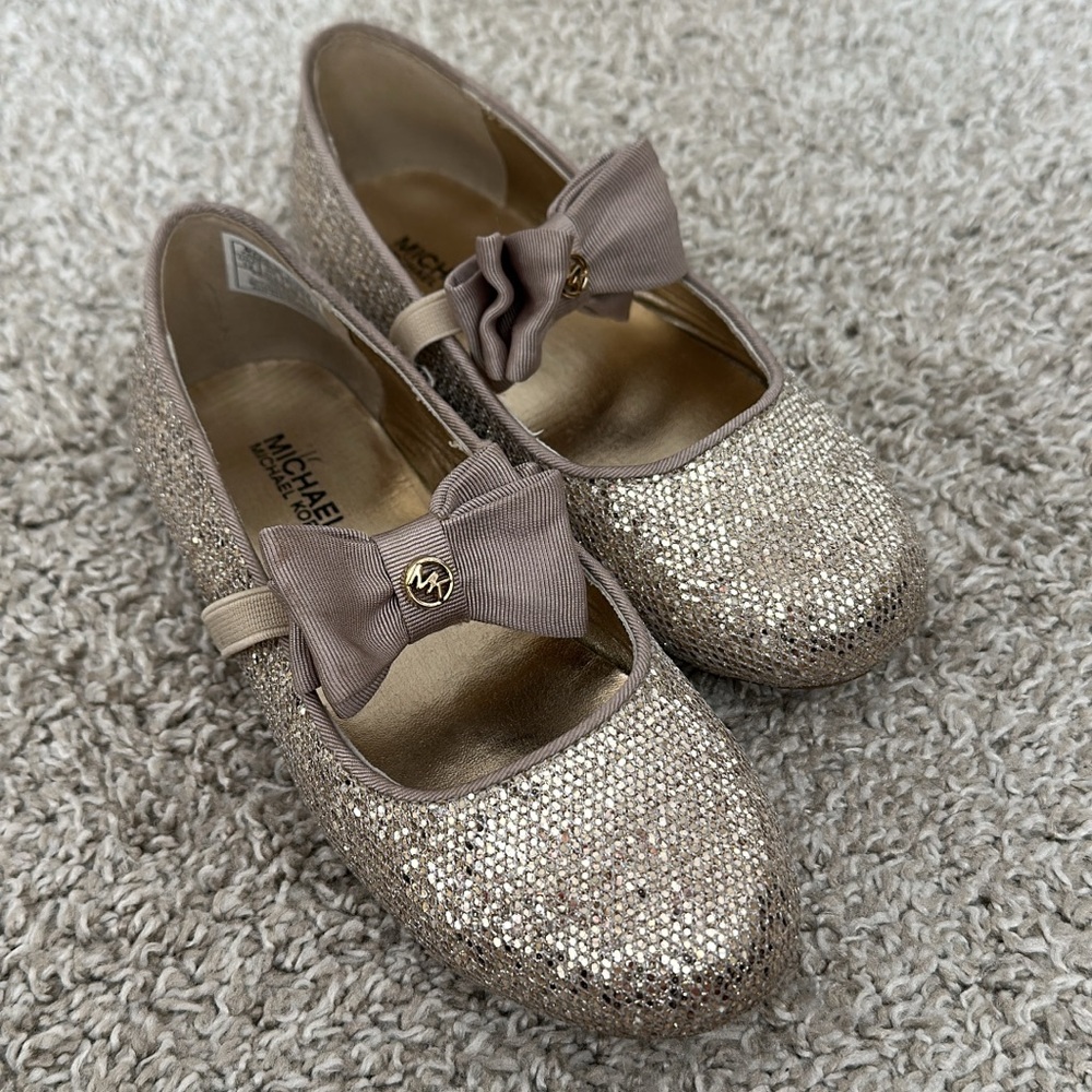 Michael Kors Gold Glitter Flats with Taupe Bow